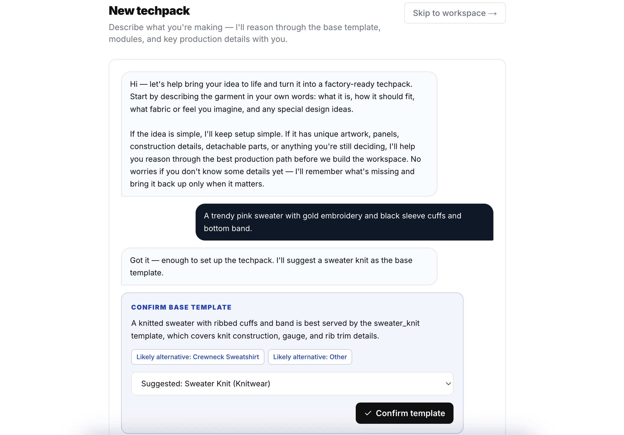 Conversational setup screen confirming a base garment template.