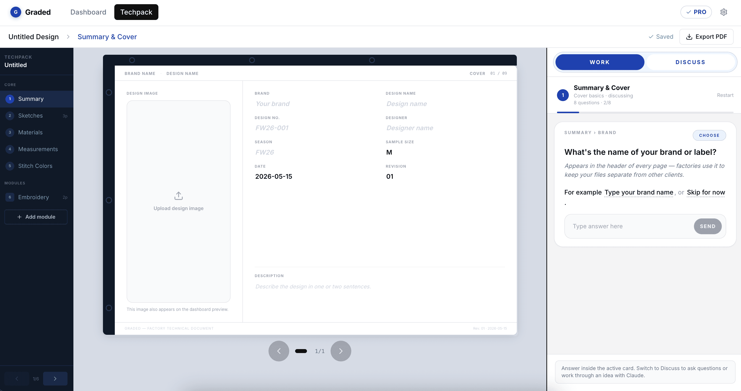 Initial workspace with live techpack document and guided chat.
