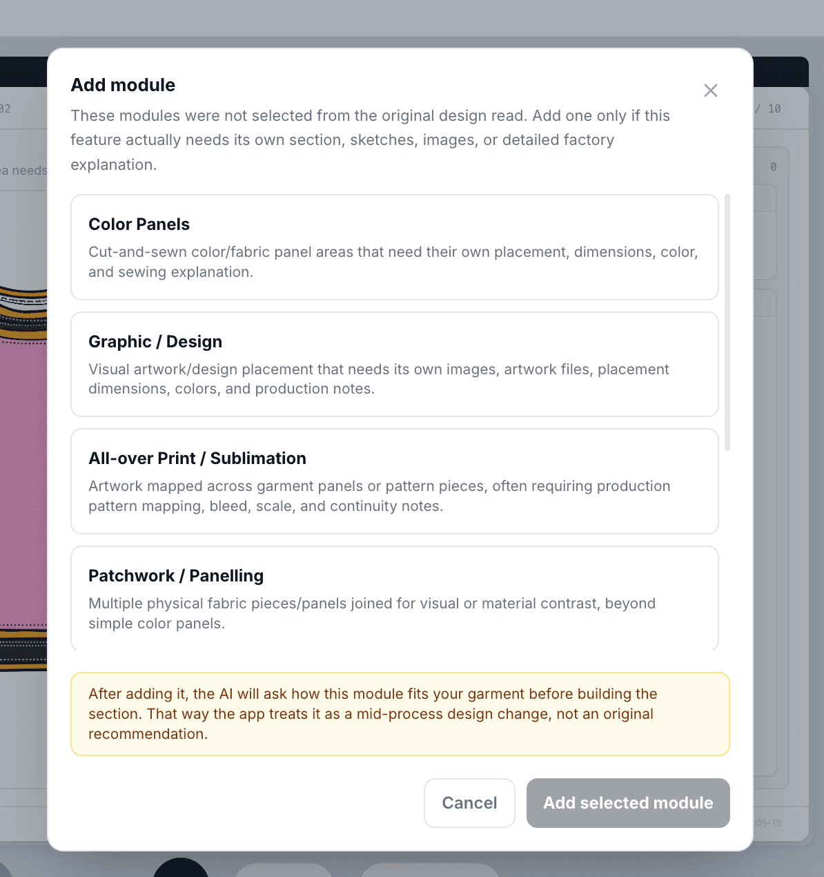 Add module modal listing optional production modules.