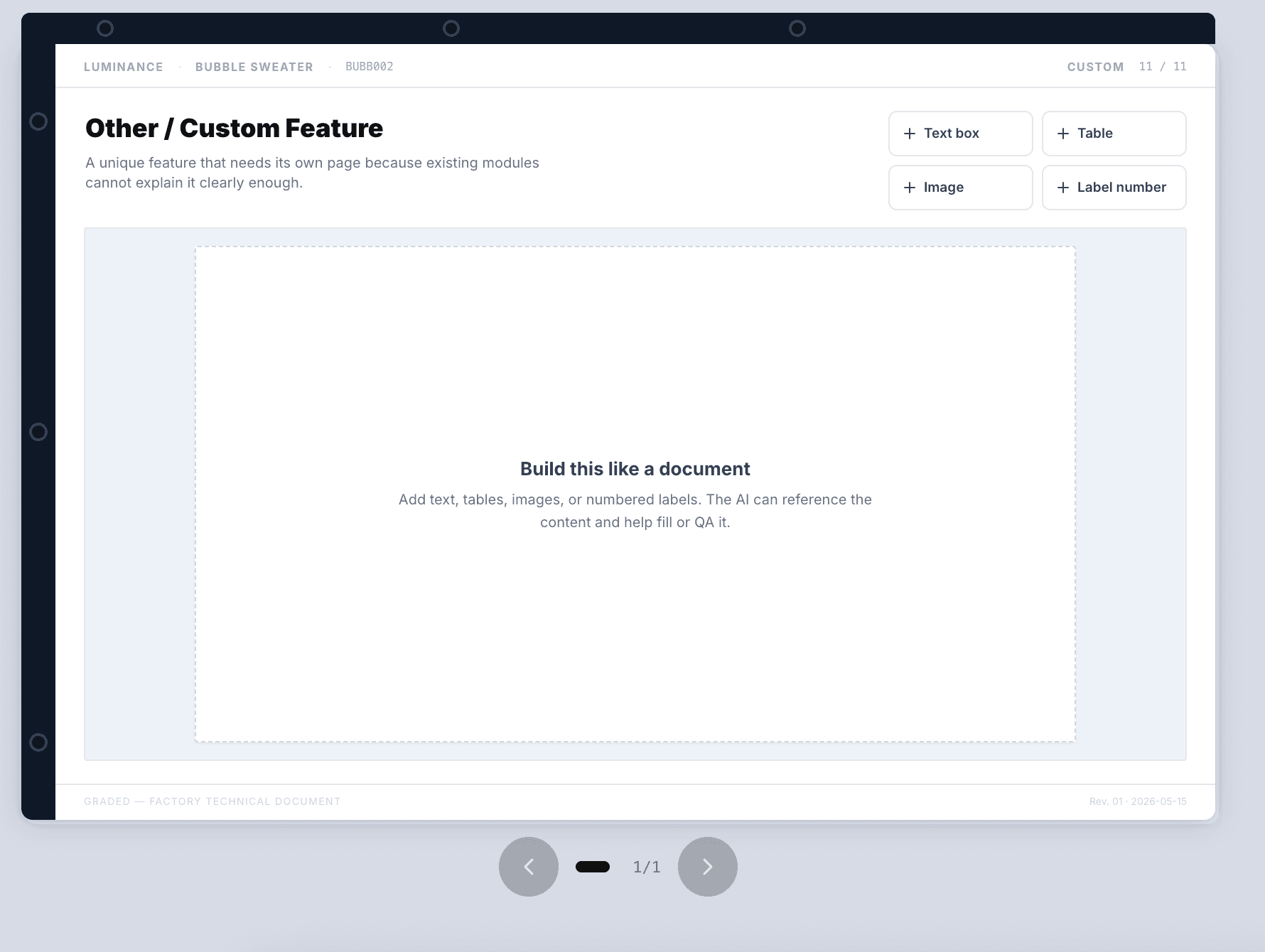 Custom module page with tools for text boxes, tables, images, and label numbers.